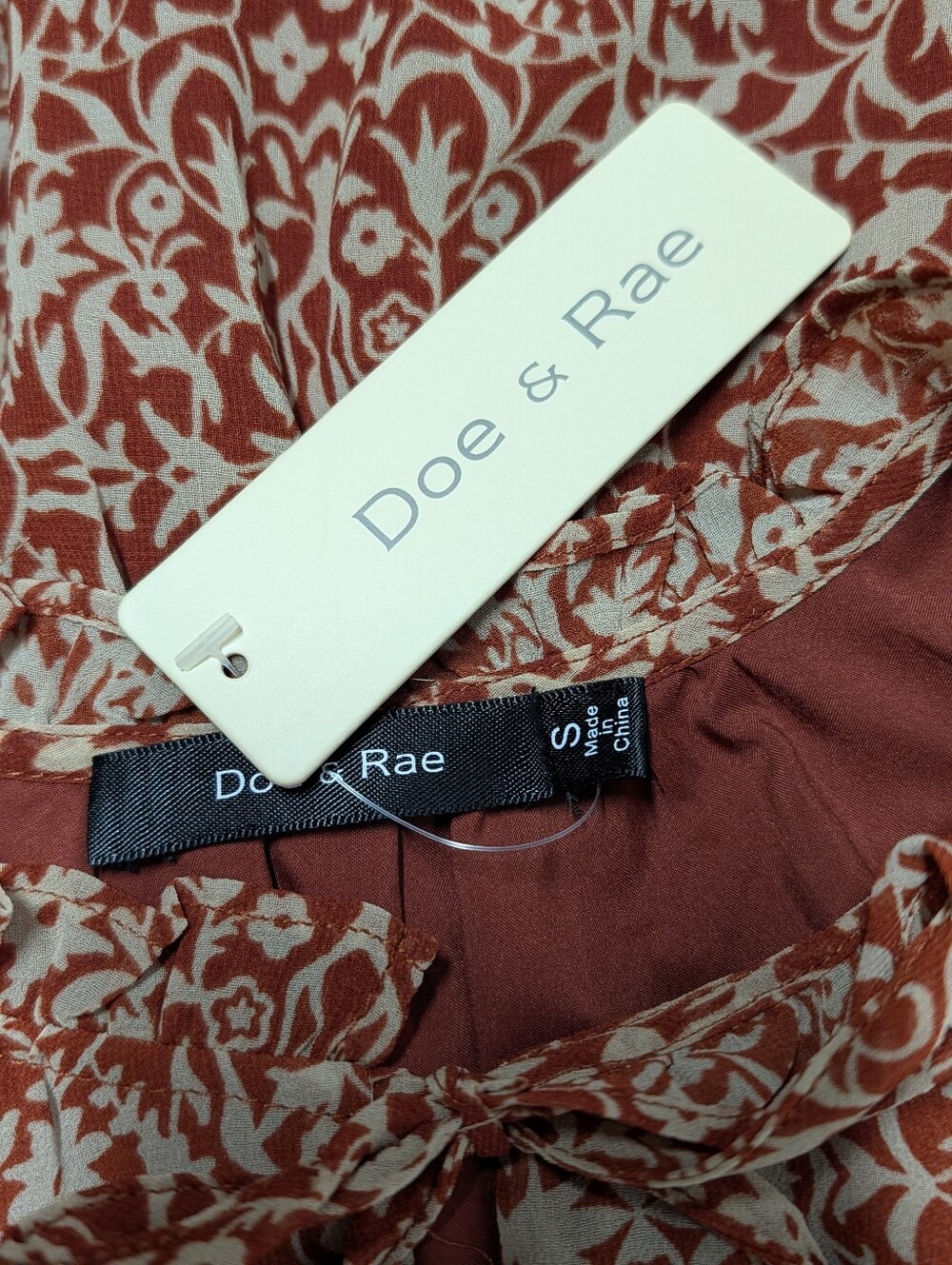 Doe & Rae Rust Floral Print Ruffle Neck Tie Long Sleeve Mini Dress S NWT - Picture 9 of 10